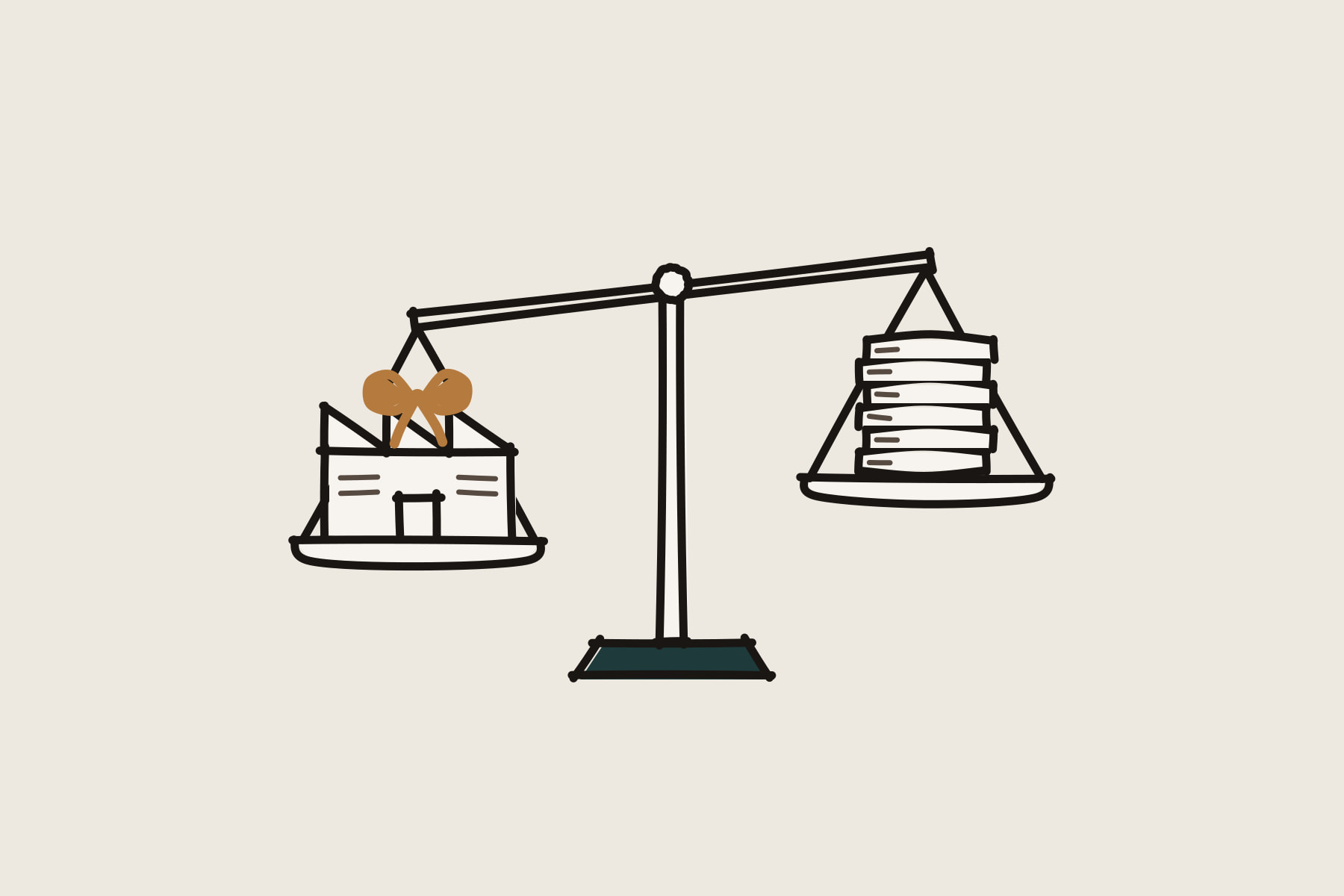 Marker drawing of a two-pan balance: on the left pan a small workshop with a copper gift bow on its roof, on the right pan a stack of coins