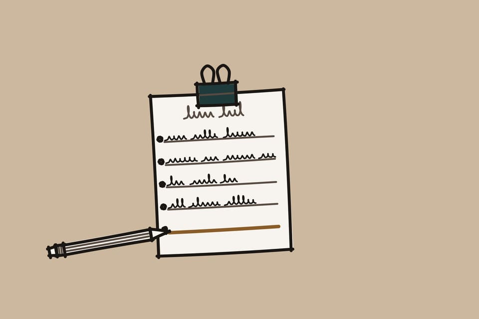 Marker drawing of a single sheet held at the top by a bulldog clip, four lines of handwriting and a fifth line left blank, drawn in copper, with a pencil resting at its start