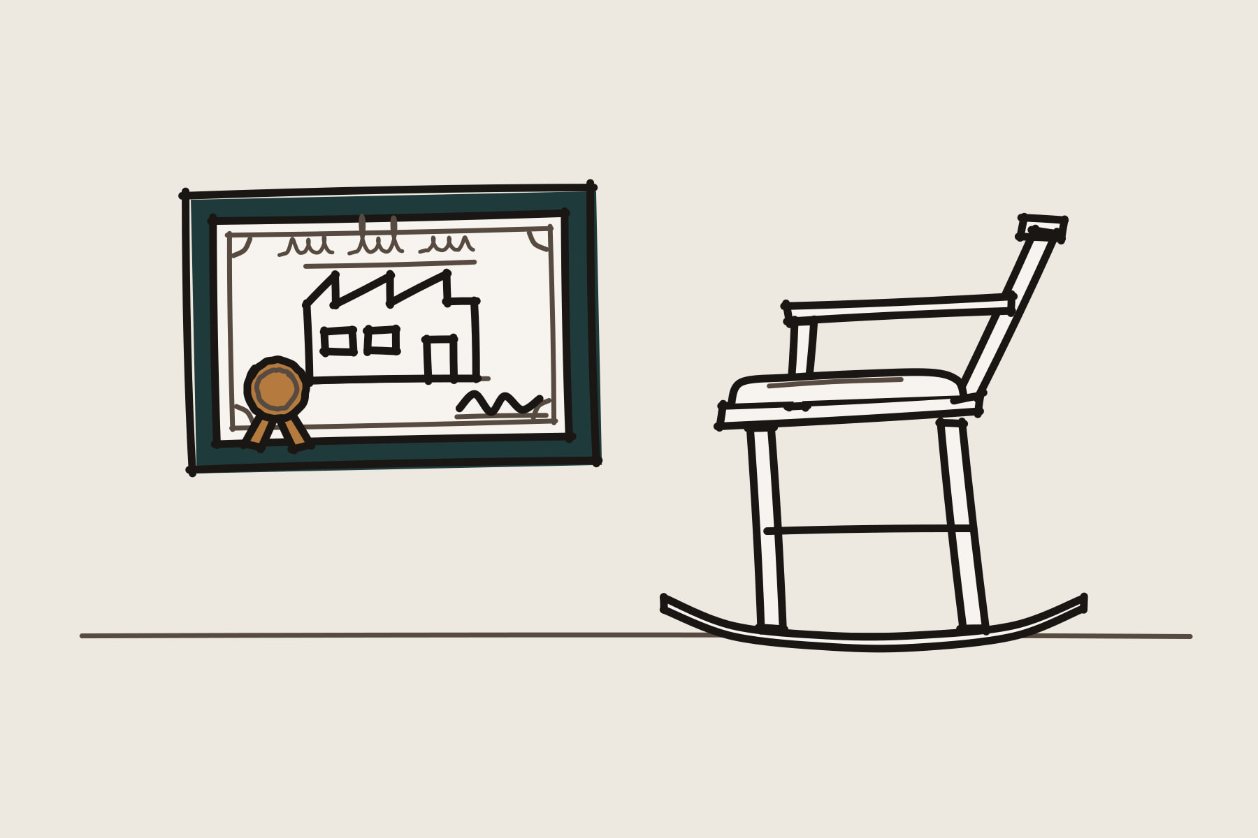 Marker drawing of an empty rocking chair seen from the side, facing a framed certificate on the wall that shows a small factory with a copper seal