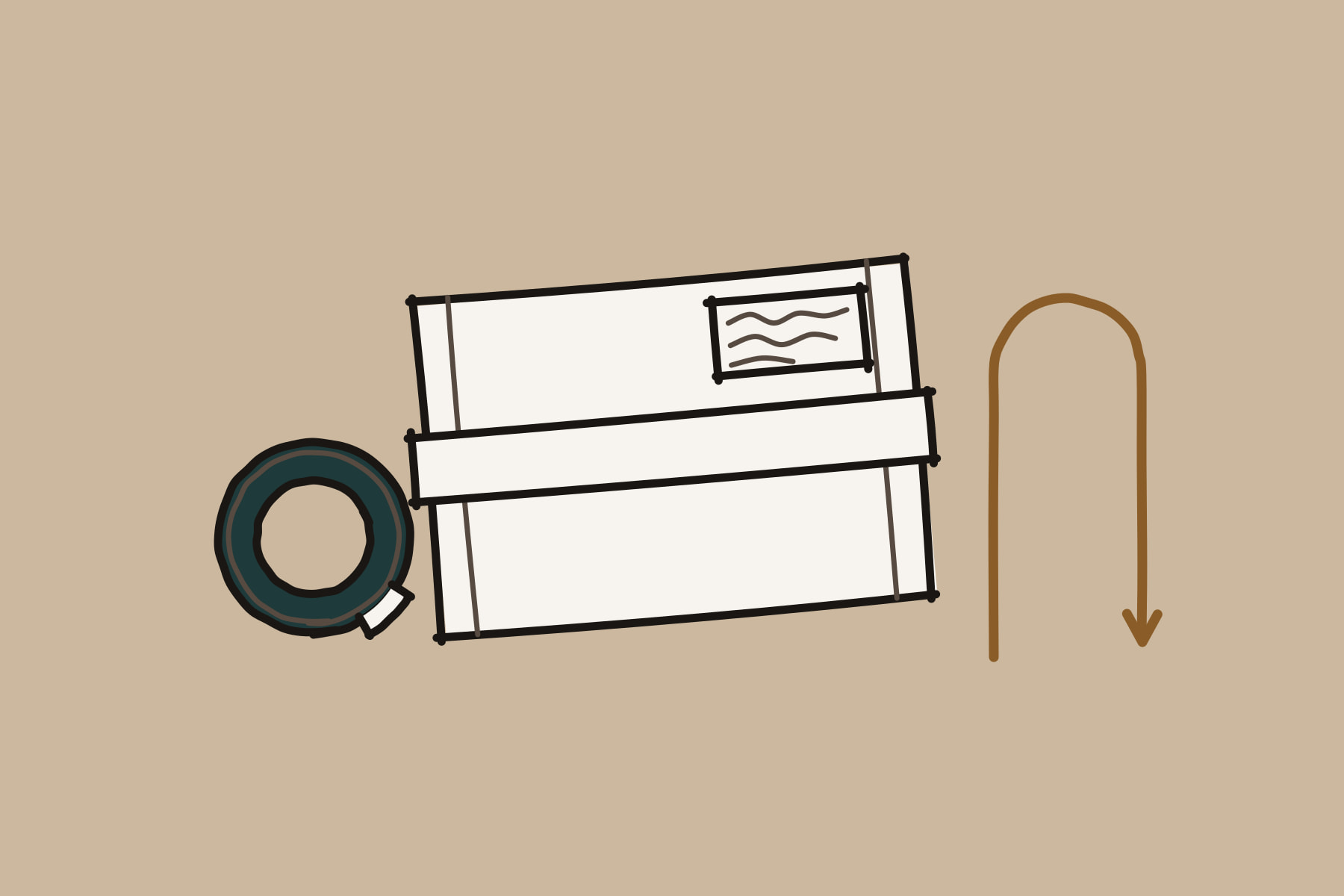 Marker drawing seen from above of a cardboard moving box still taped shut, with a scribbled address label, a roll of tape beside it and a copper U-turn arrow