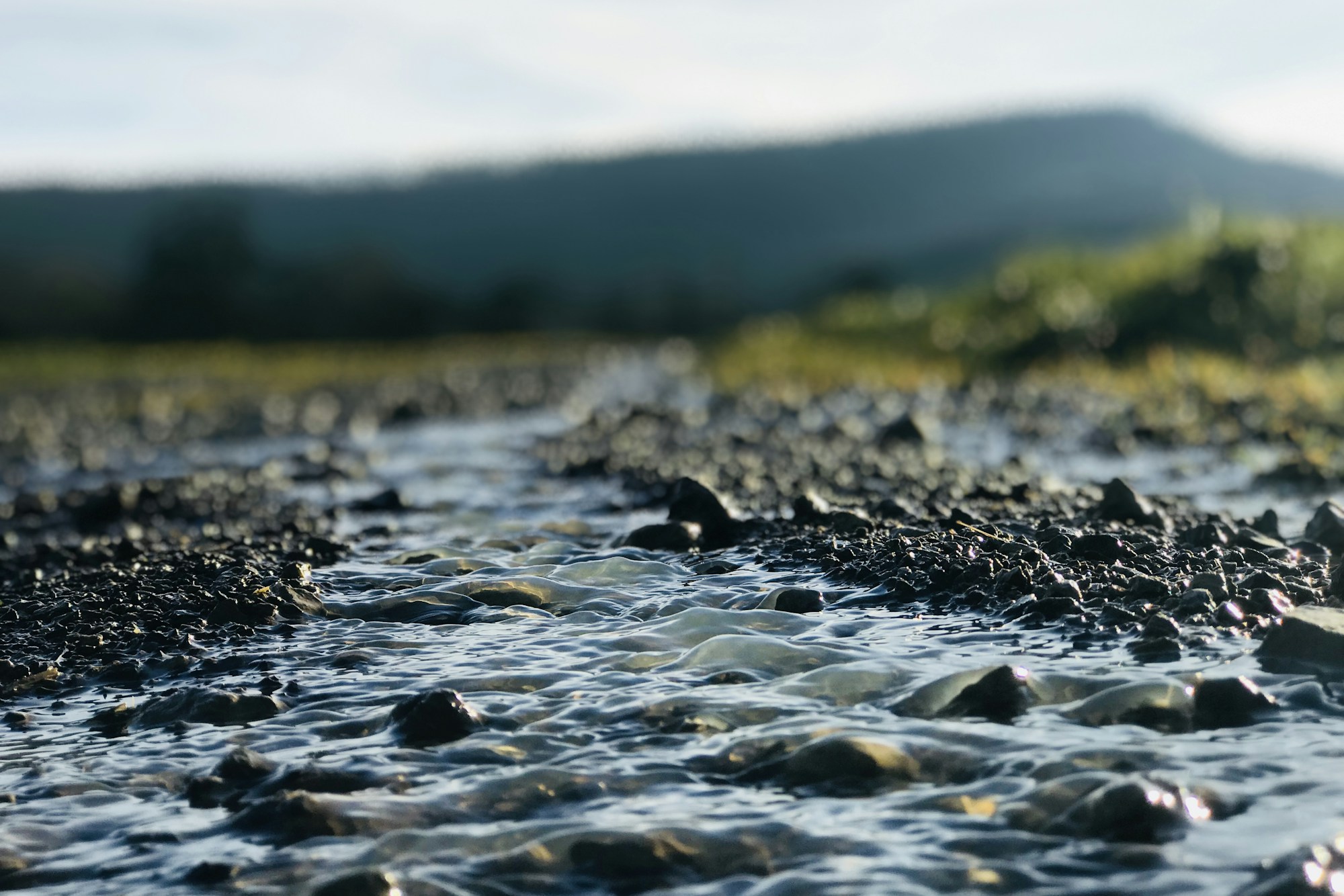 Shallow water running over a bed of dark pebbles, with a blurred wooded hill and a hazy sky in the background