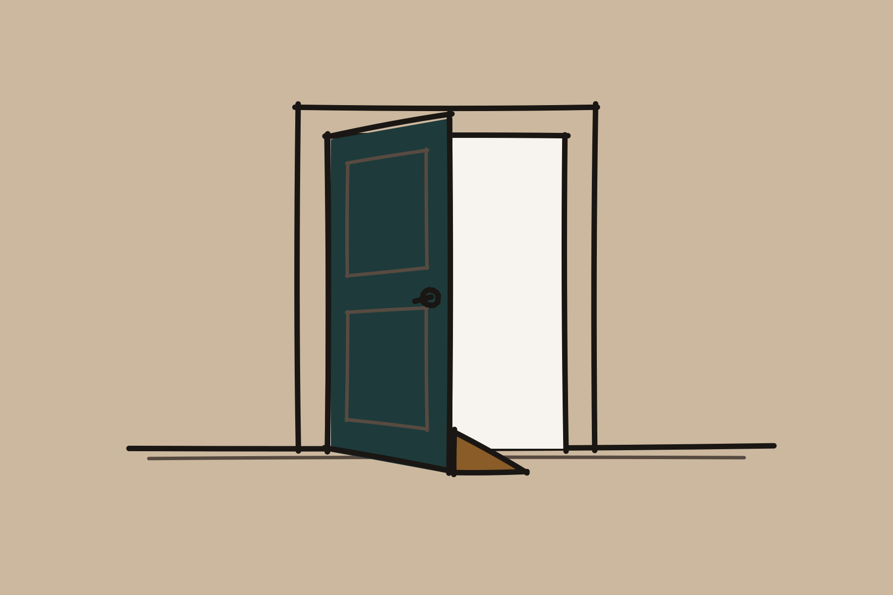Marker drawing of a house door standing open, seen from the front; light shows through the opening and a copper wedge on the floor holds the door open