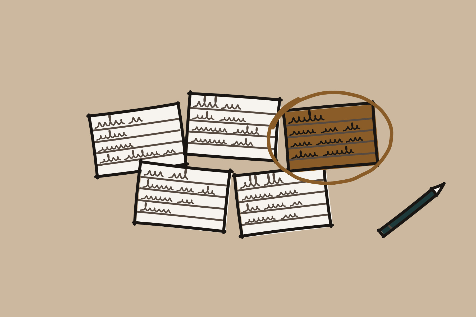 Dessin au feutre de cinq fiches cartonnées étalées sur une table, chacune avec quelques lignes d'écriture ; une fiche cuivre est entourée d'un trait, un crayon est posé à côté