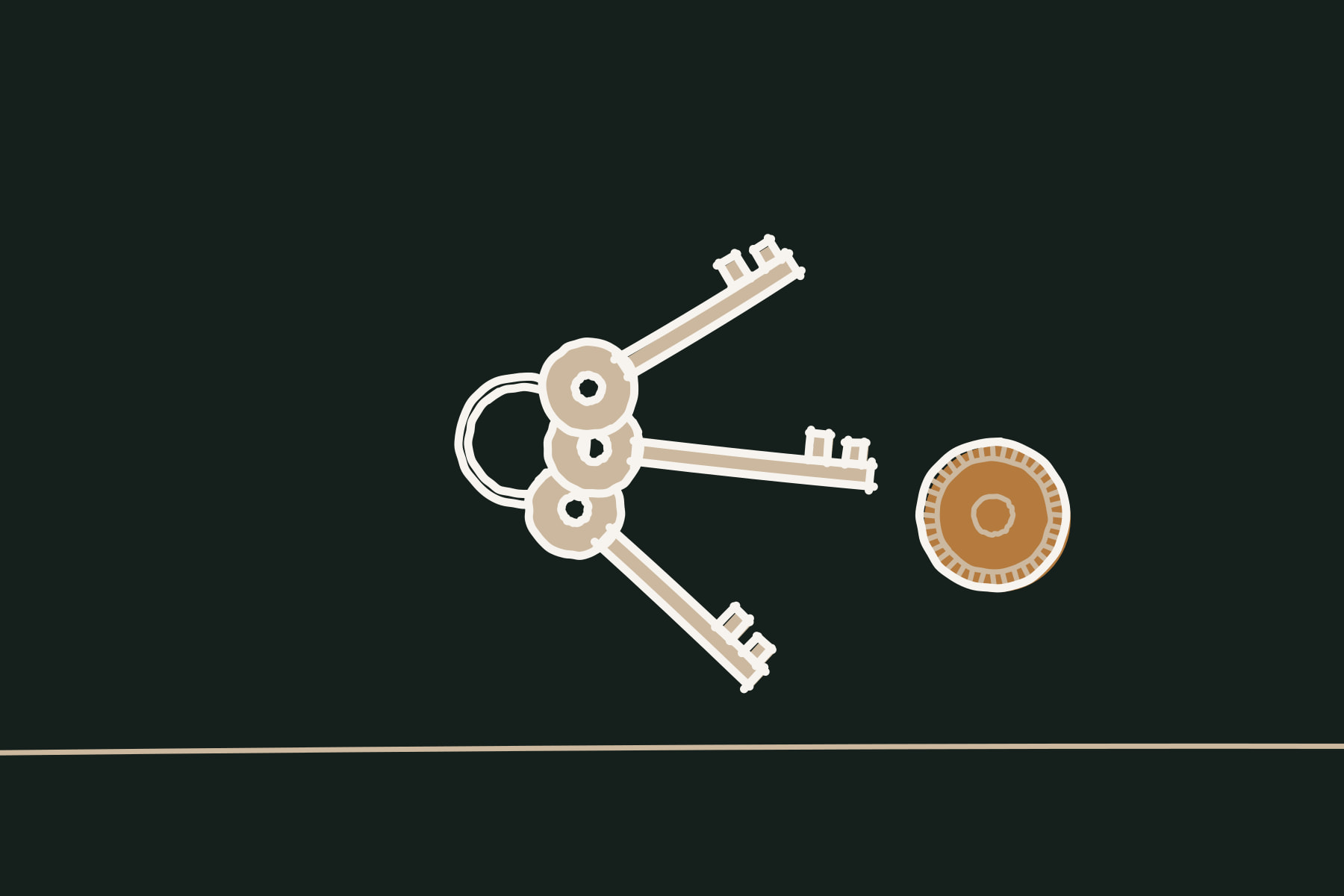 Marker drawing of a key ring with three keys and a single copper coin lying on a counter