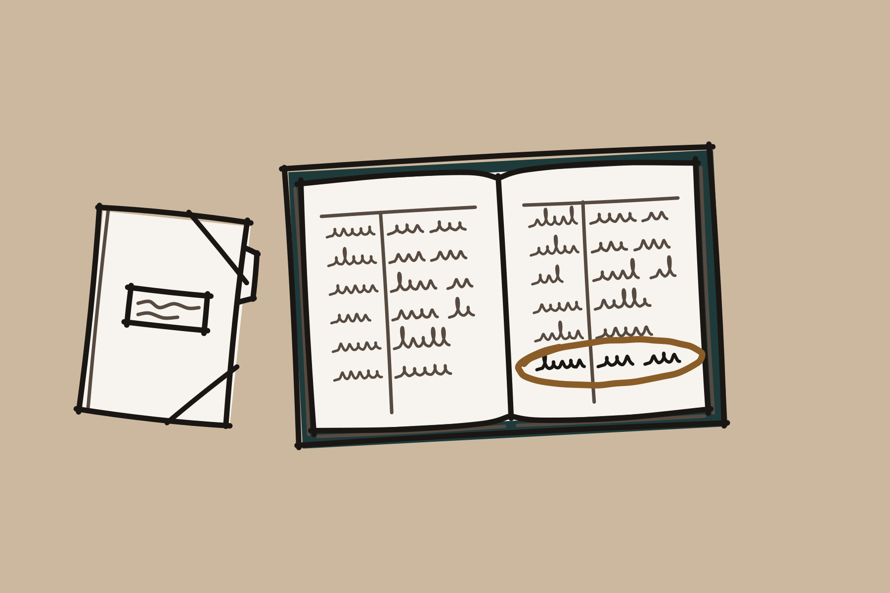 Marker drawing seen from above of an open ledger with lines of handwriting, the last line on the right-hand page circled in copper, beside a closed cardboard folder held shut by an elastic band