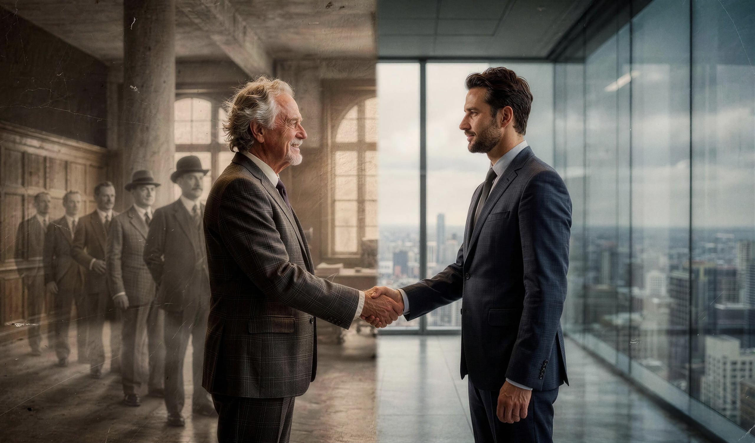 An outgoing founder and the incoming successor shaking hands, the handover of a company from one generation to the next