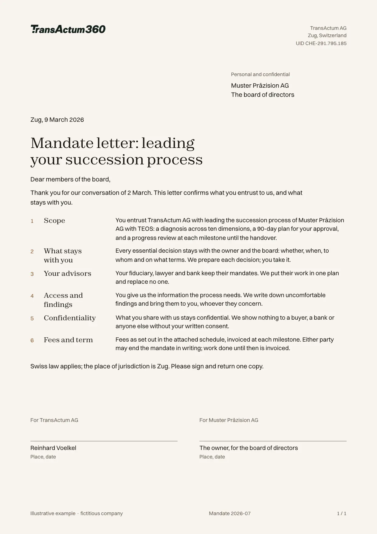Die Mandatsvereinbarung eines fiktiven Unternehmens
